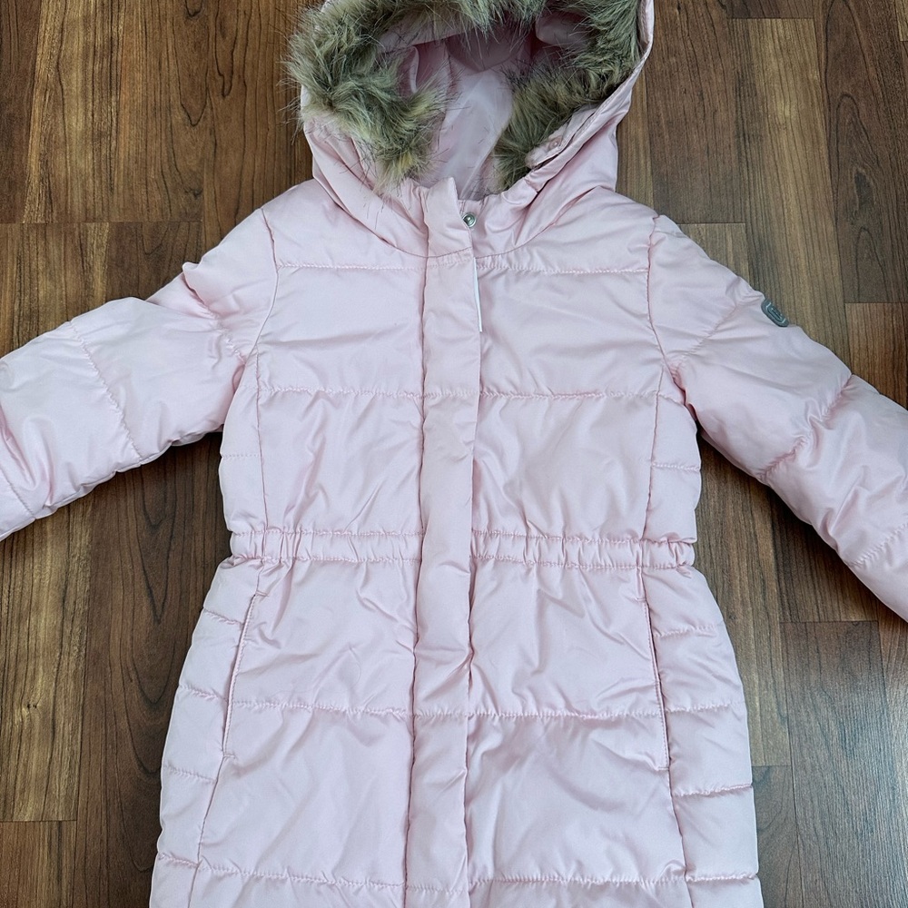 GAP Light Pink Puffer Coat with Faux Fur Hood